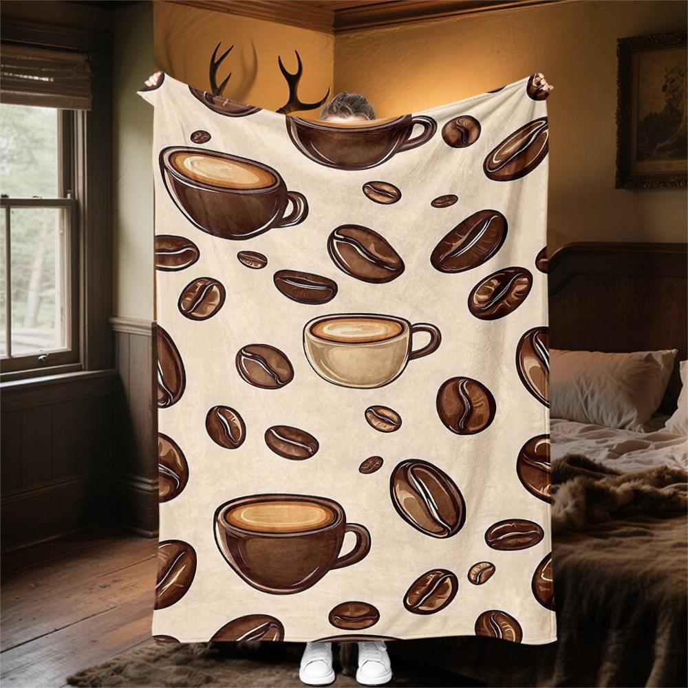 1pc Coffee Beans Coffee Cups Outdoor Flannel Blanket Soft Warm All-Season Throw for Sofa Bed Car Camping Office, Cozy Gift Idea1253S
