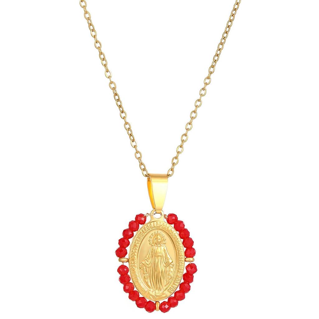 18K Gold Mary Embossed Retro Pendant Necklace for Women