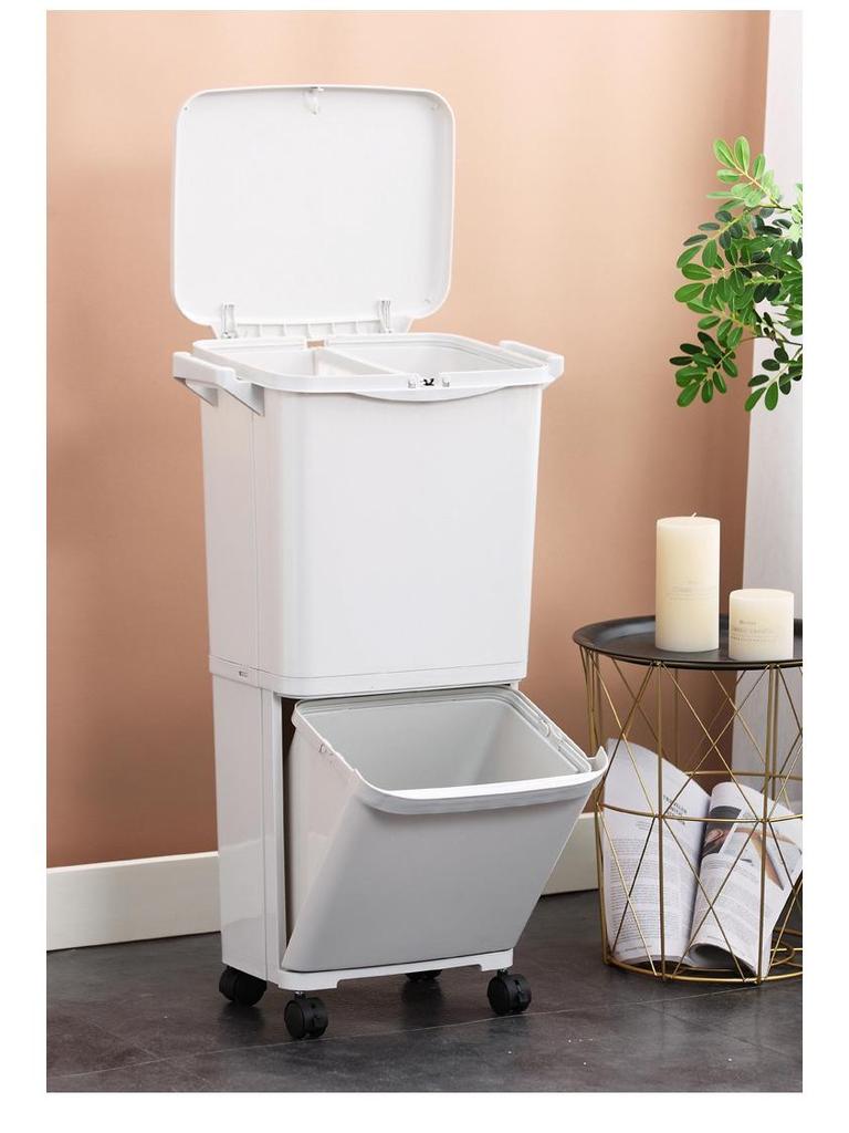 Odor-Proof Kitchen Trash Can with Lid, Movable, Large Capacity, Double Layer, Dry & Wet Waste Separation.
