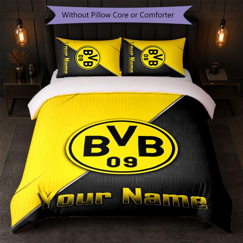 Borussia Dortmund Custom Name Text Bedding Set 1 Duvet Cover+2 Pillowcases Soccer Logo Personalized Gift For Special Occasion Bedroom Decor