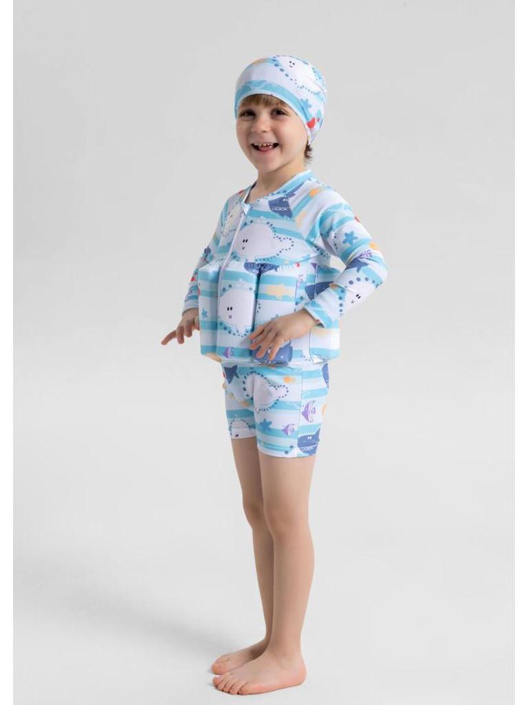 Children's Long-Sleeved Sun Protection Buoyancy Swimsuit with Floating Vest for Boys and Girls
