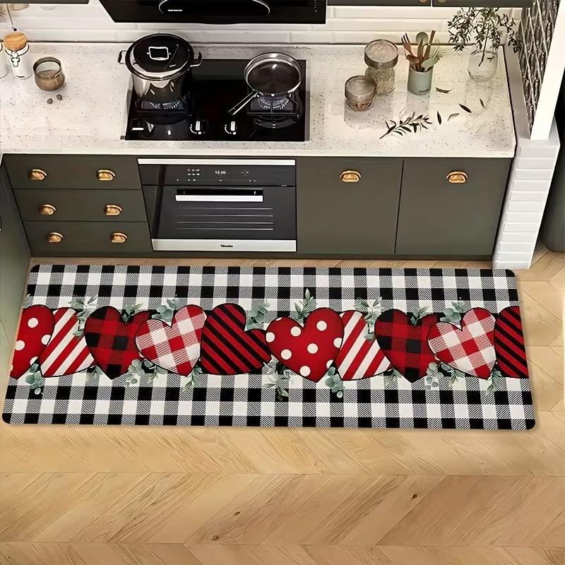 Heart Grid Print Kitchen Mat - Love Pattern Non-Slip Floor Carpet for Living Room Hallway Home Game Room Easy Clean Fashionable
