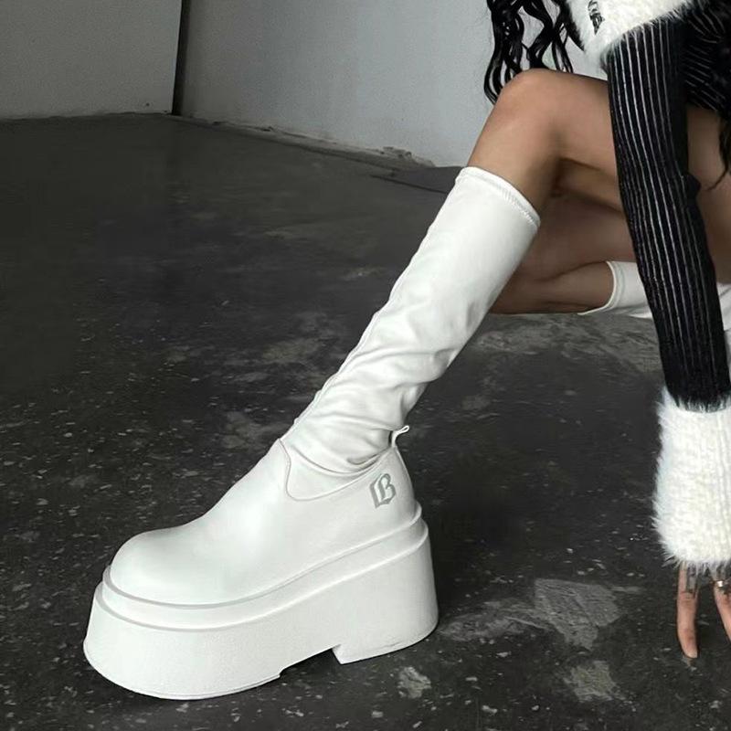 Boots Women's Spring and Summer New Round Head Thick Bottom Elastic Skinny Millennium Spice Girls High Boots