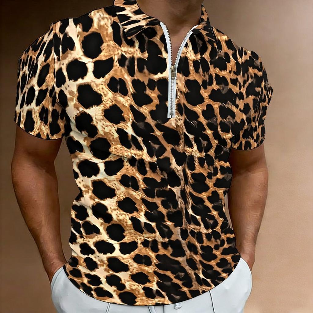 Women Short Sleeve Polo Shirt Light Beige Black Dense Leopard Print Half Zip Lapel Top
