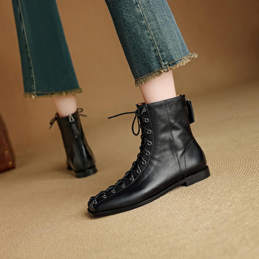 Fashion 2025 New Autumn Women Boots Genuine Leather Women Shoes Square Toe Low Heel Chelsea Modern Boots Zipper Short Boots Mid-calf
