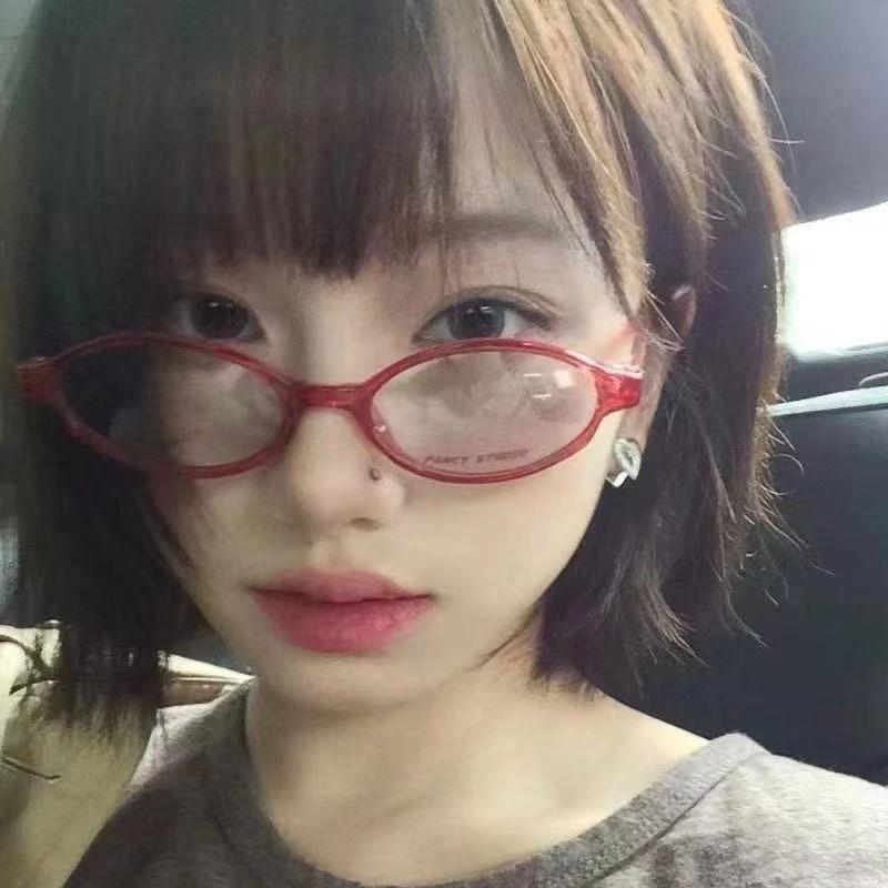 Damen Retro Ovale Brille Y2K Japanische und Koreanische Mädchen Roter Grüner Rahmen Glas Brillen Dekorativ Computer Blaulichtfilterbrille