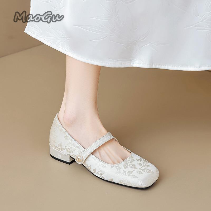 Fashion Elegant Square Toe Low Heel Pumps Women's Thick Heeled Chinese Style Mary Jane Shoes Shallow Mouth Comfortable Shoes for Women