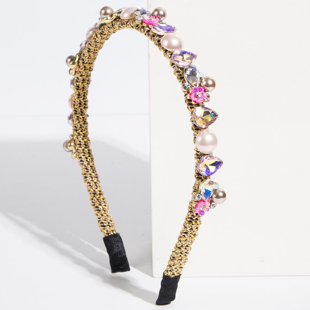 Luxury Woven Gold Thread Colorful Crystal Pearl Thin Headband Baroque Water Drop Gem Hair Hoop Wedding Banquet Hair Jewelry