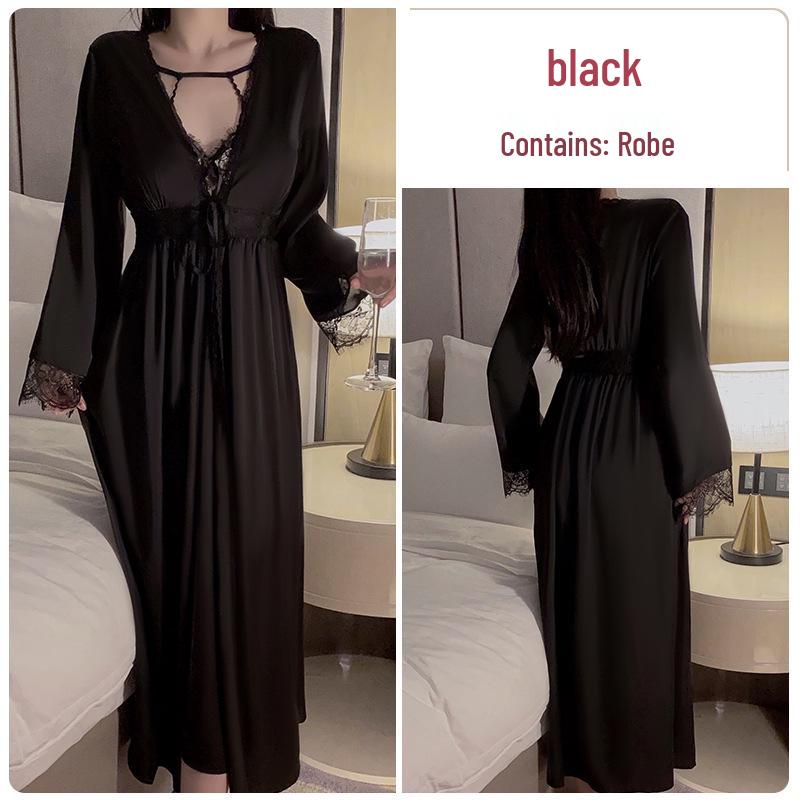 Guiruo Sexy Lace Slimming Nightgown & Outer Robe Set with Bust Pads - Women's Home Wear P4214