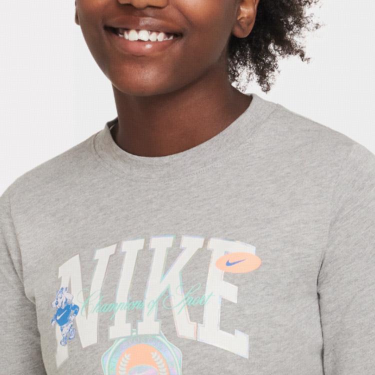 Nike Sports Lifestyle Series Round Neck Letter Print Long Sleeve T-Shirt Kids Tops Gray DR9629-063