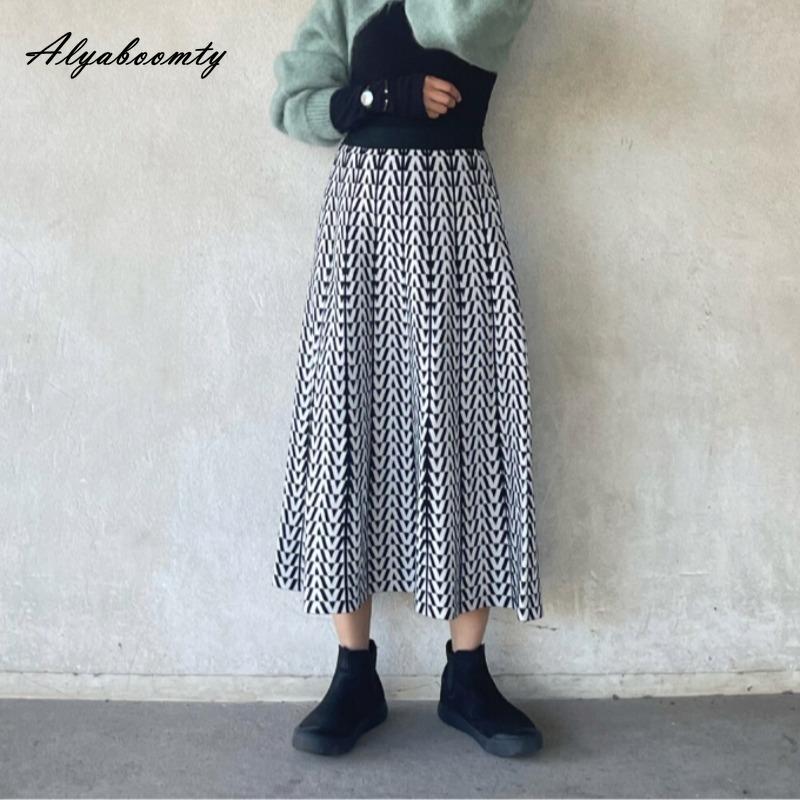 Elegant Fashion Autumn Winter Women Thick Warm Skirt High Waist Black White/Gray Knitting Skirt Knitted Midi Vintage Skirts Womens