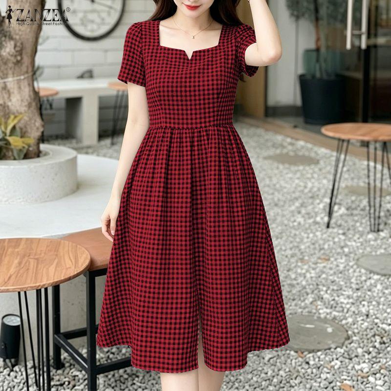 ZANZEA Womens Square Collar Short Sleeve Casual Grid Print Dress