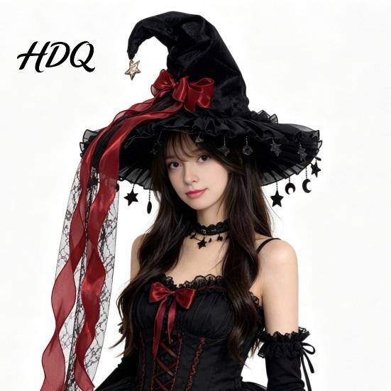 Stylish Lace Bow Headwear Halloween Witch Hat, Gothic Dark Wizard Costume Headpiece for Women, Spooky Velvet Cone Photogenic Daily Lolita Wear