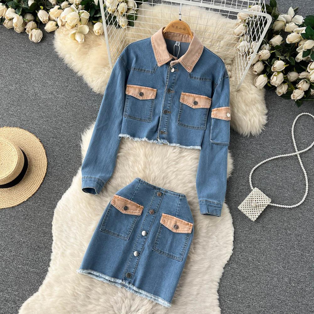 Contrast Color Two-Piece Suit Women's Autumn Denim Short Coat High Waist Bag Hip Skirt