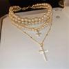 Tooxika Luxury Niche Design Layered Pearl Cross Pendant Necklace Choker Collarbone Chain