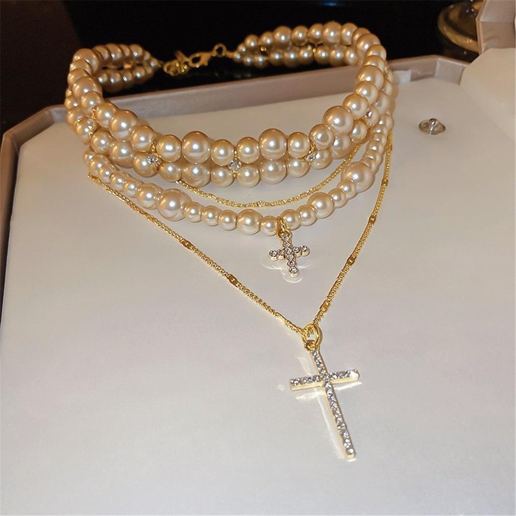 Tooxika Luxury Niche Design Layered Pearl Cross Pendant Necklace Choker Collarbone Chain