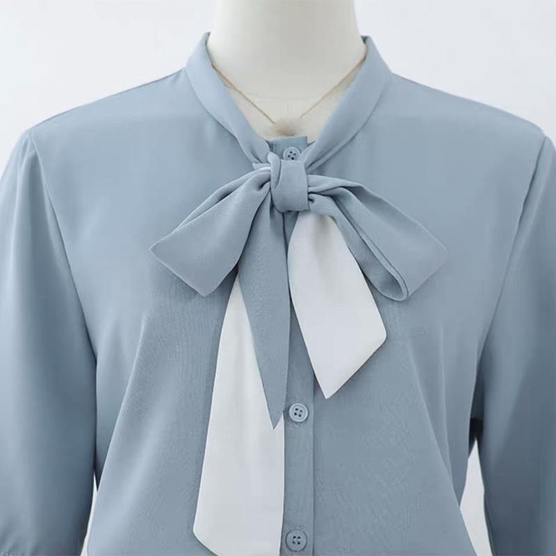 Bow Tie Blouse Women Summer Thin French Blouse Women Loose Belly Short-sleeved Chiffon Shirt Solid Shirt