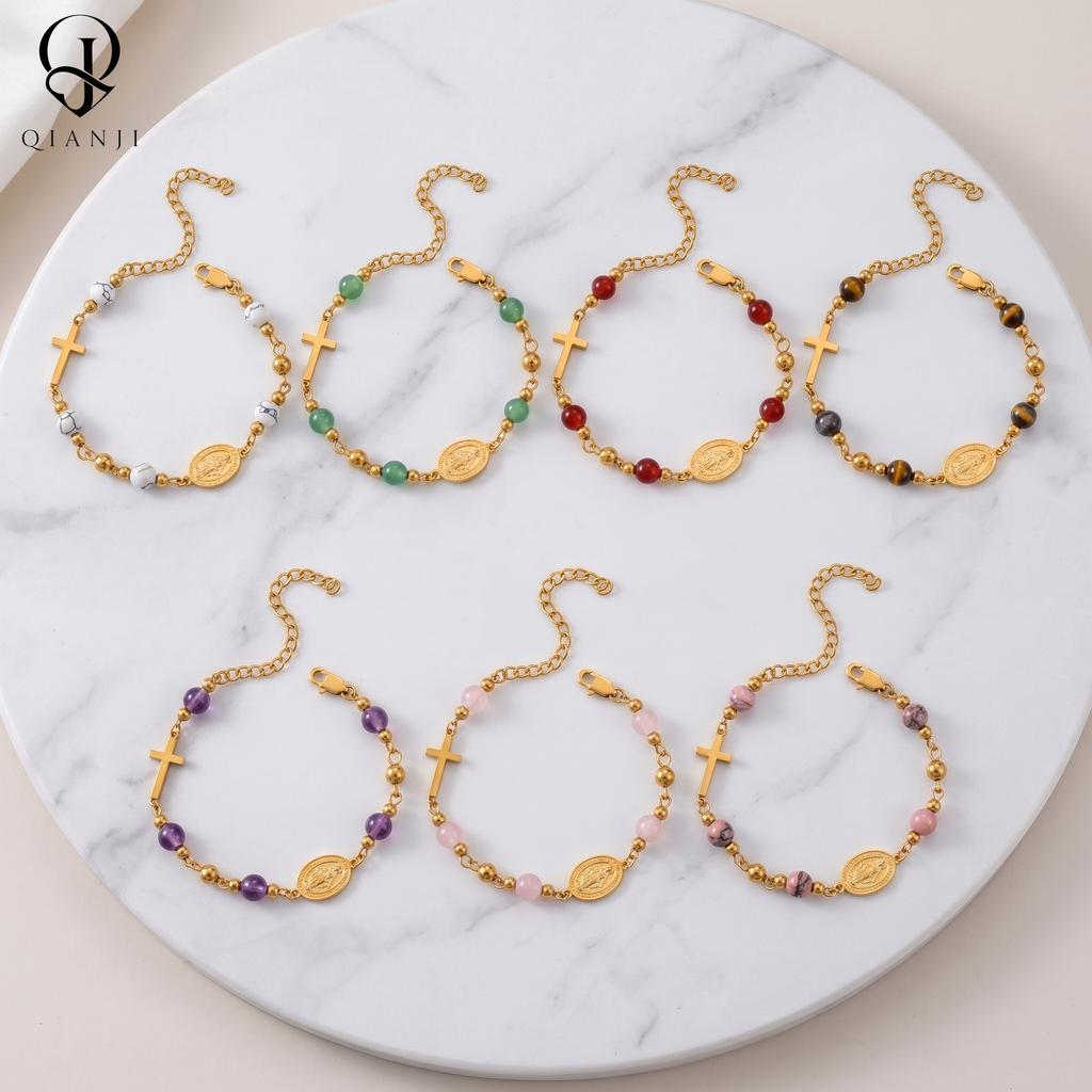 Stainless Steel Virgin Mary Cross Bracelet Natural Stone Beads Catholic Miraculous Medal Jewelry