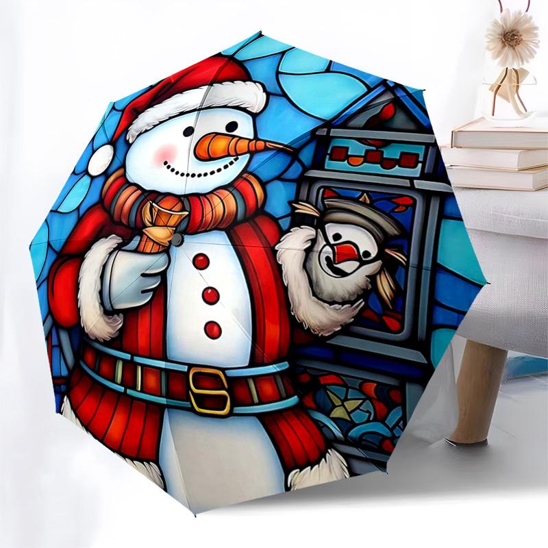 

1pc Stained Glass Snowman with Puffin - Automatic Opening Umbrella, Portable Tri-Fold Design, 8-Bone Iron Frame, Outdoor Umbrella, Festive Gift for Fa