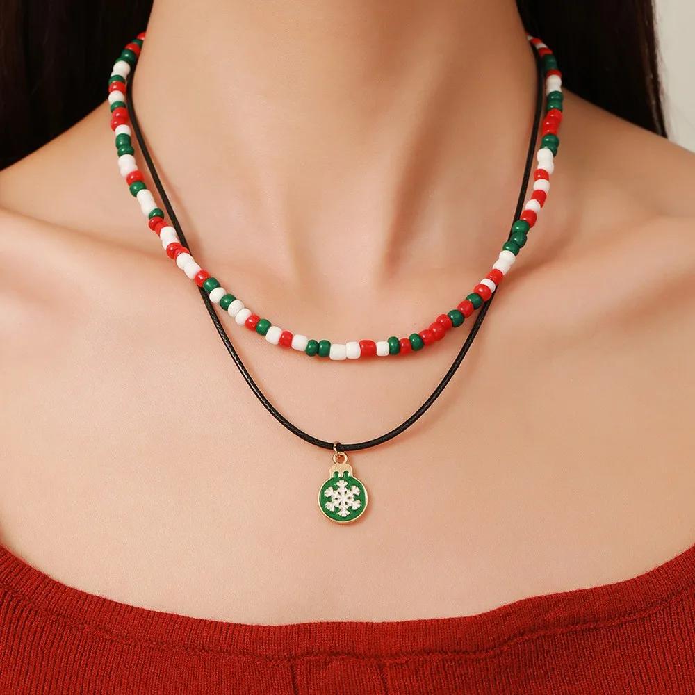 Snowflake Christmas Tree Santa Claus Pendant Chokers Women's Christmas Colorful Beads Necklace Collarbone Chain Xmas Gifts