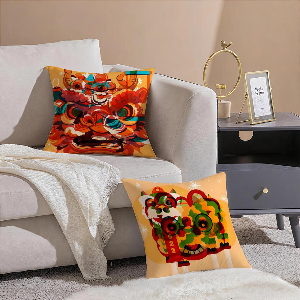 Oriental Festive Lion Print Pillow Case Double-Sided Plush Sofa Cushion Covers Organic Breathable Invisible Zipper