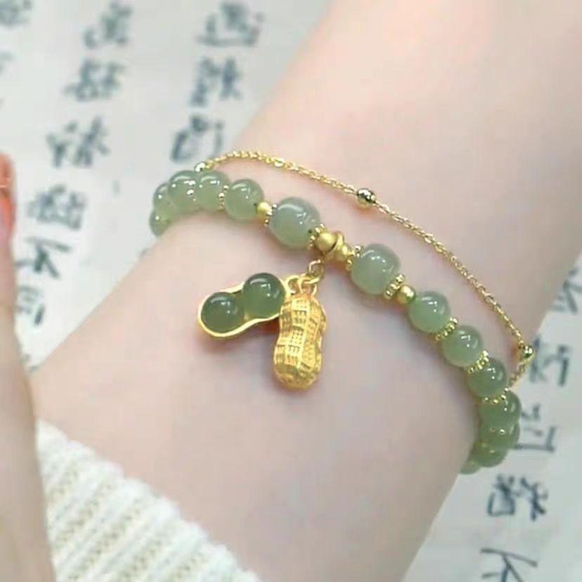 Authentic Hetian Jade Bracelet Women's Good Thing Peanut Versatile New Internet Celebrity Bracelet Lucky Brand Birthday Gift