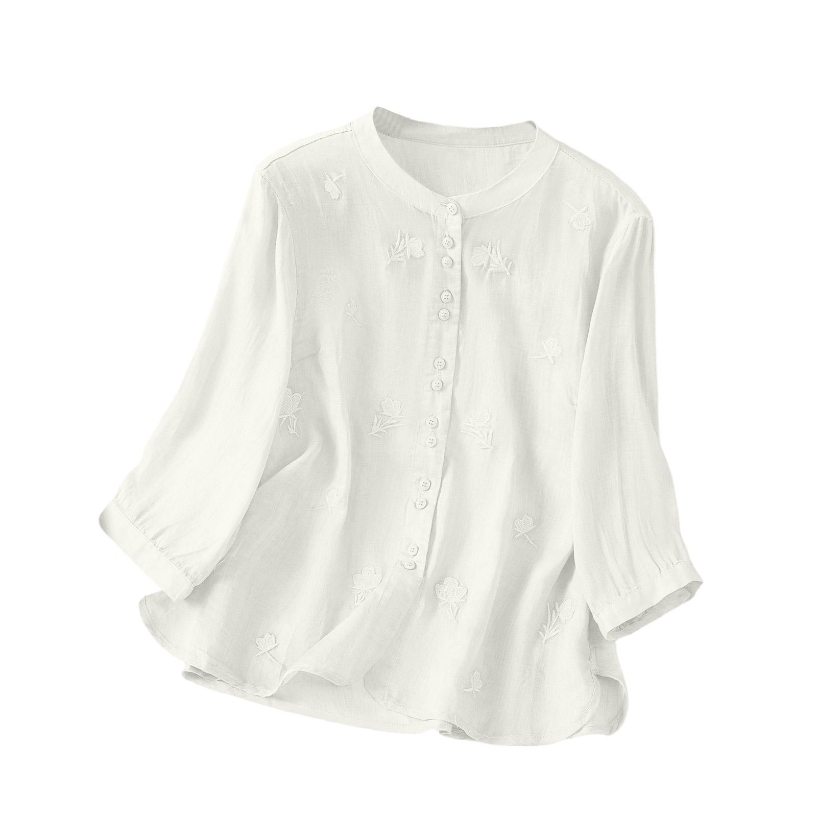 Модная ретро свободная вышитая рубашка для женщин, молодежная, новая, летняя, с рукавом три четверти L белый