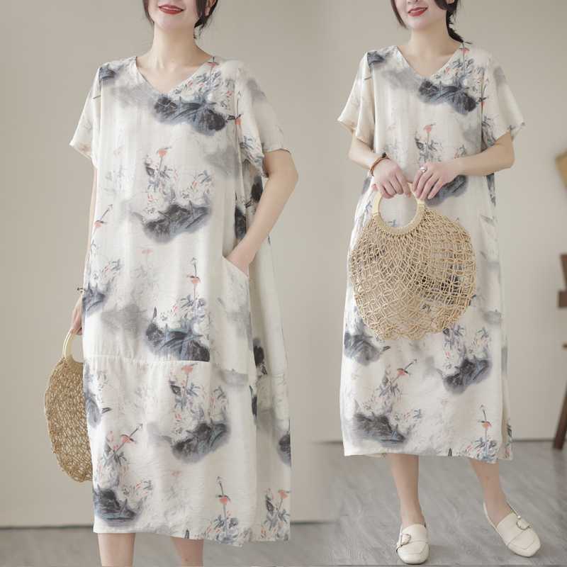 

Летнее новое хлопковое платье с принтом, с коротким рукавом, в стиле ретро, омолаживающее, с принтом, большого размера, пуловер, V-образный вырез, средней длины XL