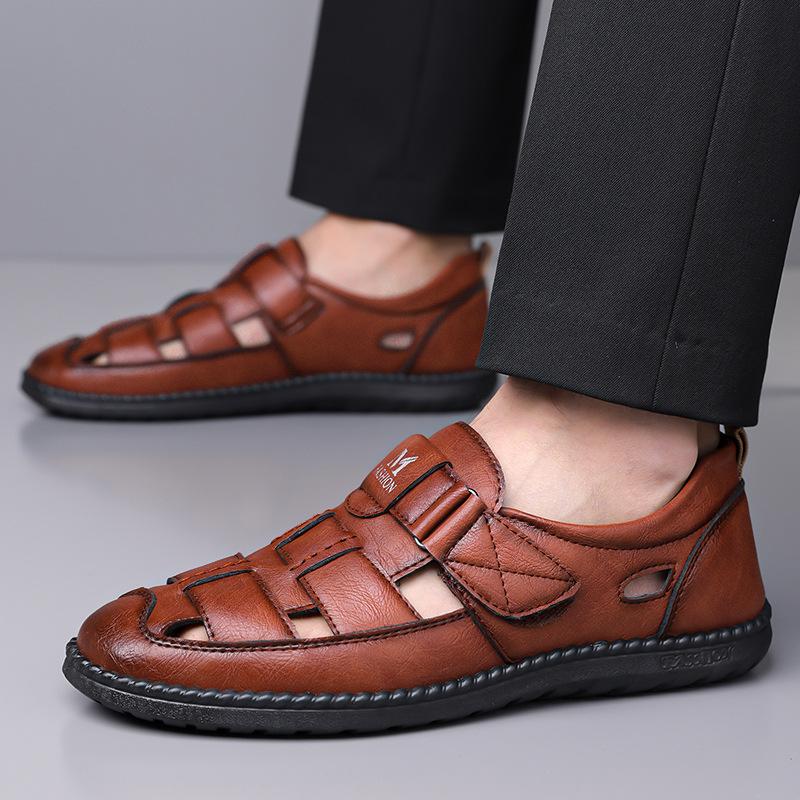 New leather sandals hollow men's hole shoes Velcro one-pedal dad shoes daily versatile casual shoes men