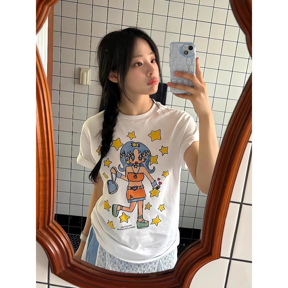 REOY STUDIONewJeans Pure Cotton Ort Sve T-irt for Little Girls Star Print Korean Sle Loose Fit Summer Top