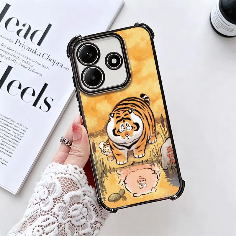 Cartoon Fat Tiger Funny Plating Phone Case For Xiaomi Redmi Note 14 15 Pro Plus 13 12 11 11S 11T 10 9S 9 5G Anti-Fall Airabag Co