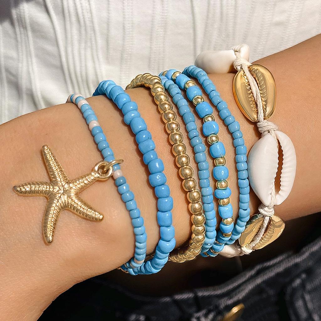 7Pcs Bohemian Shell Bracelet Set For Women Starfish Charm Rice Beads Wristband Bangle Girl Summer Beach Jewelry Accessory