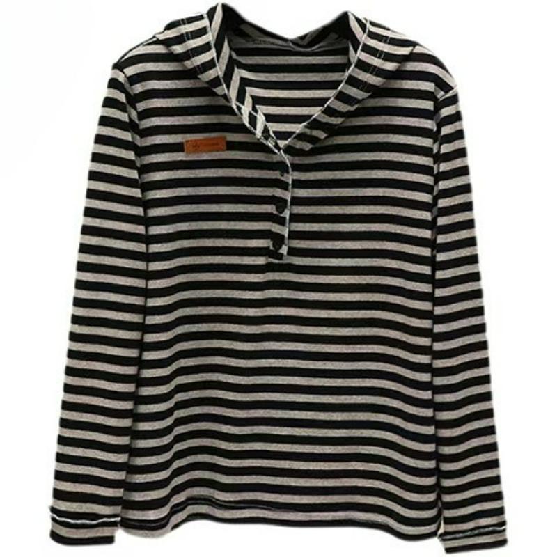Fashion Striped Hooded Long-sleeved T-shirt Spring and Autumn All-match Plus Size Women's Slim Literary Retro Top