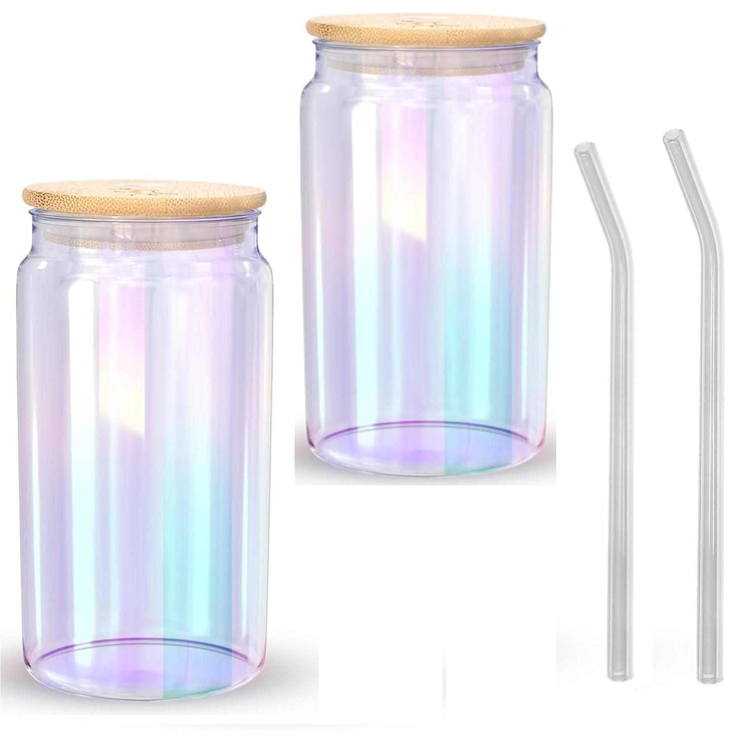 

Rainbow Drinking Glasses With Bamboo Lids And Glass Straw,(Set Of 2 /Set Of 4)-16Oz,Wine,Cocktail,Whiskey,Party,Beer,Coffee,Gift 401-500ml