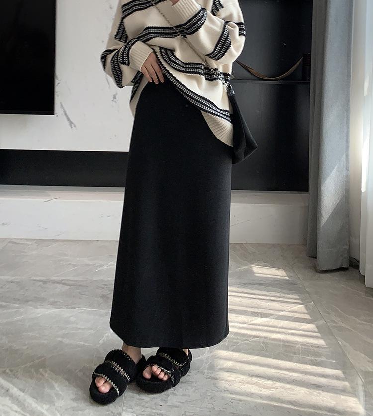 Spring Arrives Early: 2024 A/W Korean High Waist Wool-Blend Slit Midi Skirt L чёрный