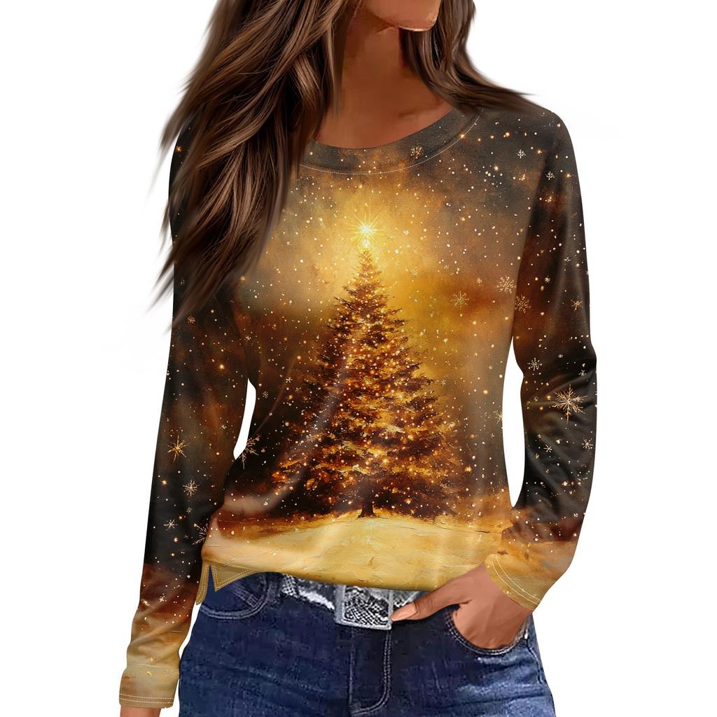 Damenmode, lässig, Schlitzsaum, Rundhalsausschnitt, langärmelig, lockeres T-Shirt mit Weihnachtsdruck