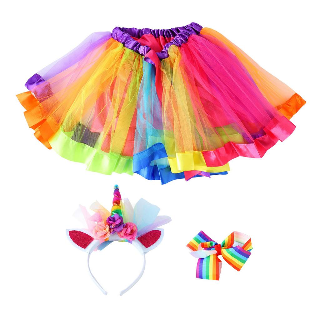 Children Colorful Skirt Cute Cartoon Costume Set Girl Ballet Skirt with Hair Clip Headband Colorful Free Size