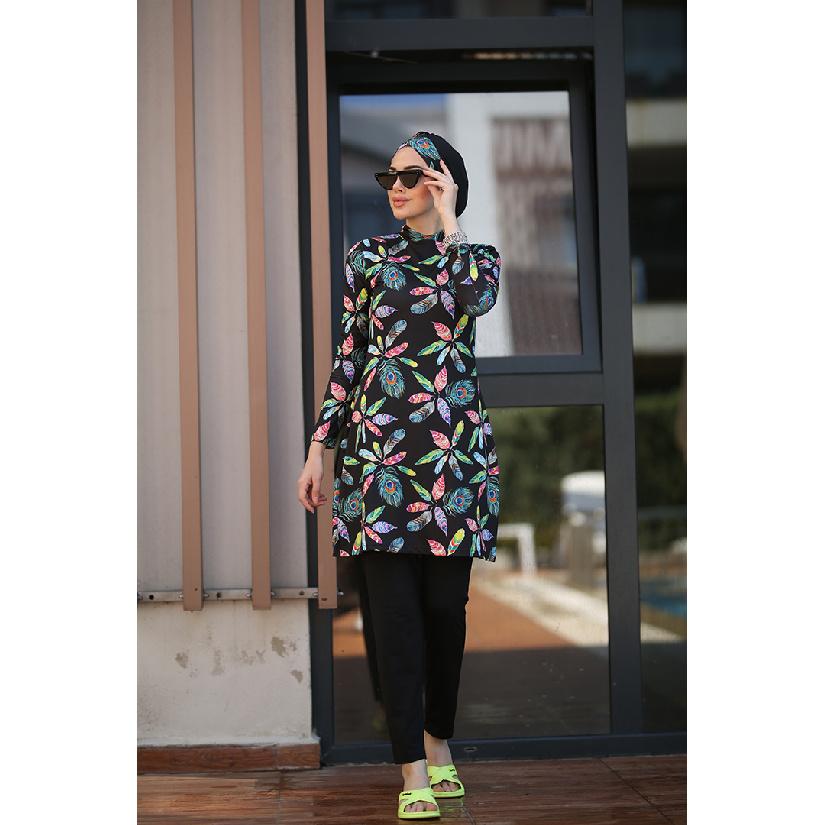 Blue Set Muslim Women Decent Branches Floral Print Seaside Swimwear Full Coverage Swimsuit Beachwear Burkini Swimsuit Set (Without Hijab)