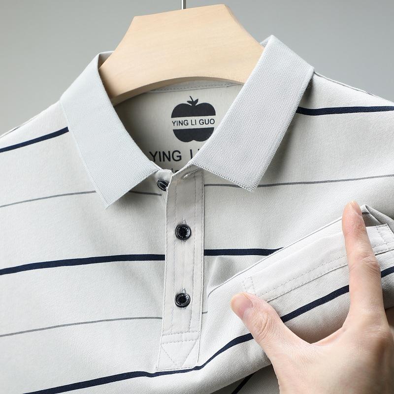 Cotton Short-Sleeved T-Shirt Men'S Medium And Green Loose Casual Half-Sleeved Striped Bottoming Shirt Polo Shirt