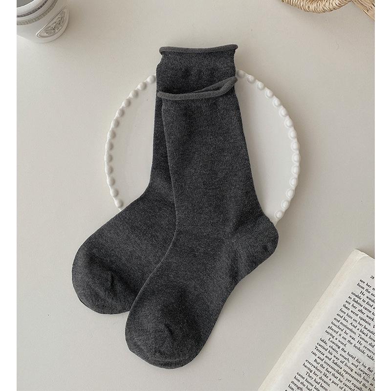 Women's Rolled Edge Mid-Calf Cotton Socks - Boneless, Elastic, Sweat-Absorbent, Breathable, Solid White, Versatile Slouch Design