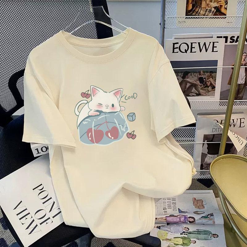 Women's Crew Neck Short Sleeve Graphic Tee Loose Fit Japanese Casual Cartoon Print T-Shirt