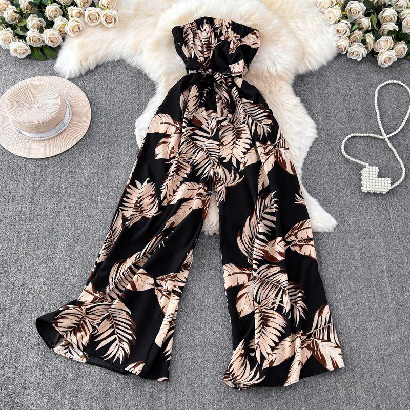 

Seaside Holiday Floral Print Tube Top Sexy Open Back Chiffon Jumpsuit Fashion Loose Temperament Loose Pants Jumpsuit Black Maple Leaf Print One size