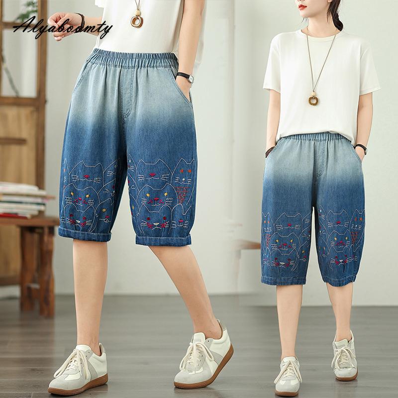 Korean Fashion Summer Women Denim Capris High Waist Contrast Color Embroidery Cartoon Short Jeans Cute Cat Pattern Casual Loose Capris