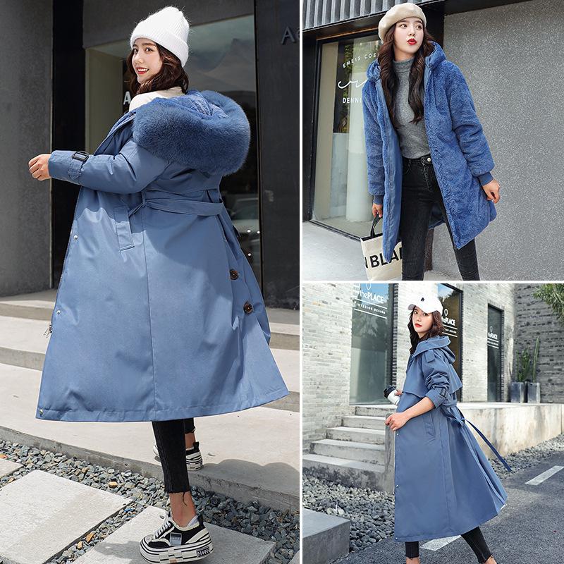 Women's Korean Style 3-in-1 Reversible Long Cotton Parka with Removable Liner and Slimming Waist