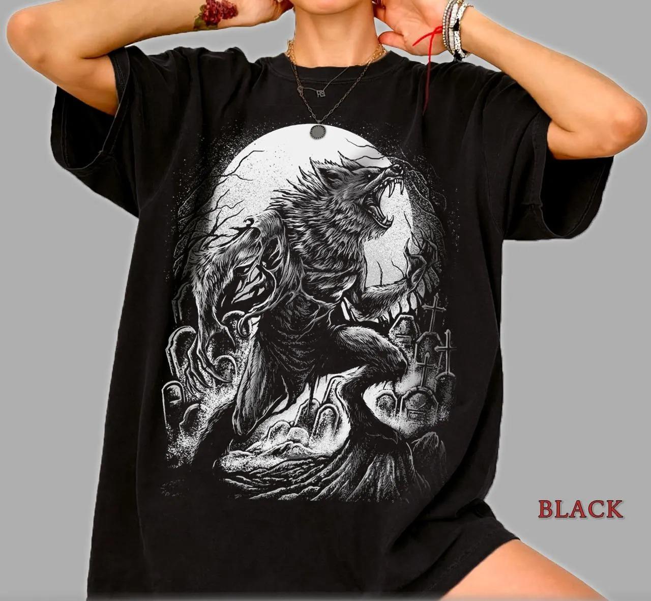 Werewolf Graphic Tee Gothic Horror Shirt Dark Fantasy Wolf Moon Tshirt Spooky Graveyard Art Tee Unisex Shirt S