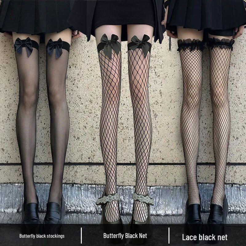 Damen Schwarze Netzstrümpfe mit Schleife und Spitze Überknie - Dünn, Sexy und Schlankmachend