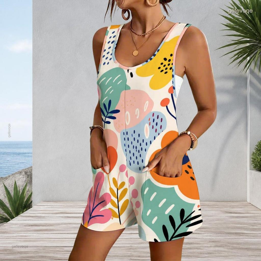 Plus Size Womens Romper With Tank Top And Patch Pockets
