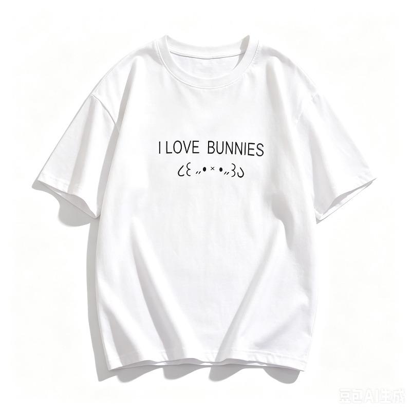 Pure Cotton Unisex White Tshirt I Love Bunnies Cute Face Text Print Oneck Loose Short Sleeve Kawaii Casual Daily Tee