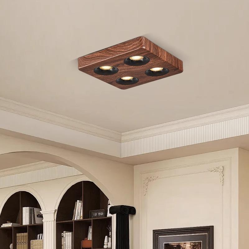 Chinese Walnut Wood 4-Head LED Gimbal Downlight for Living Room/Bedroom - Anti-Glare Design