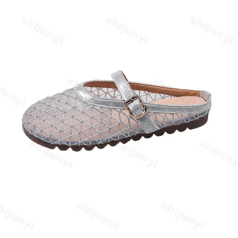 Fashion Women's Flat Slippers 2025 Summer Sandals Luxury Ballet Flats Mesh Mary Jane Shoes Ladies Summer Loafers Fashion Half Slippers